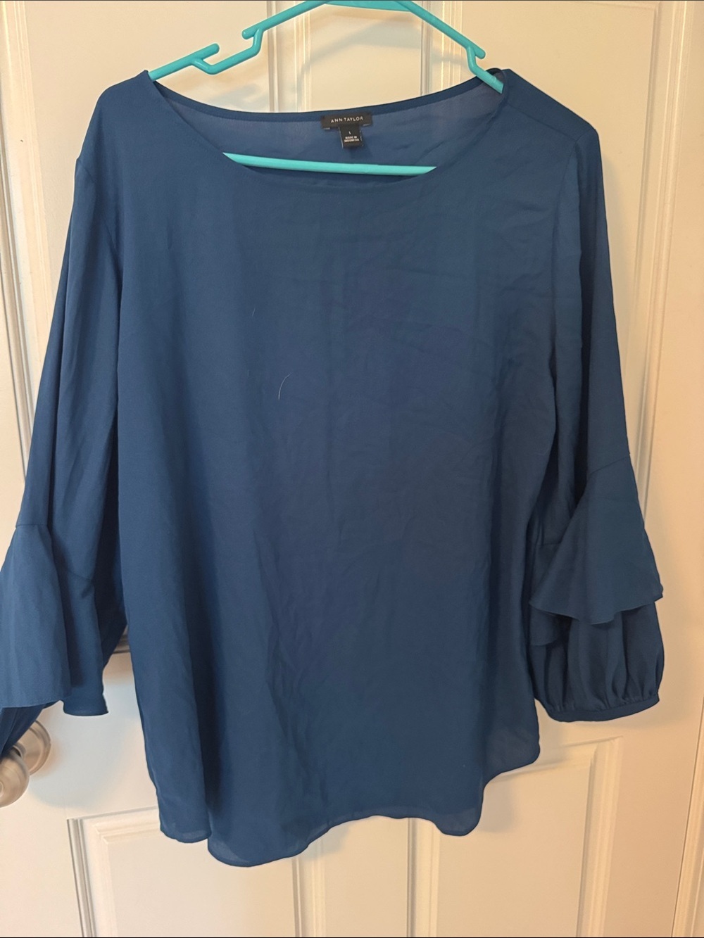 Ann Taylor Navy Blue Ruffle Sleeve Blouse